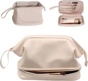 Travel Makeup Bag Waterproof Cosmetic Bag, Portable Drawstring Travel Makeup Bag Large Double Layer Make Up Brush Bags Leather Multifunctional Makeup Organizer Bag for Women Girls (White)