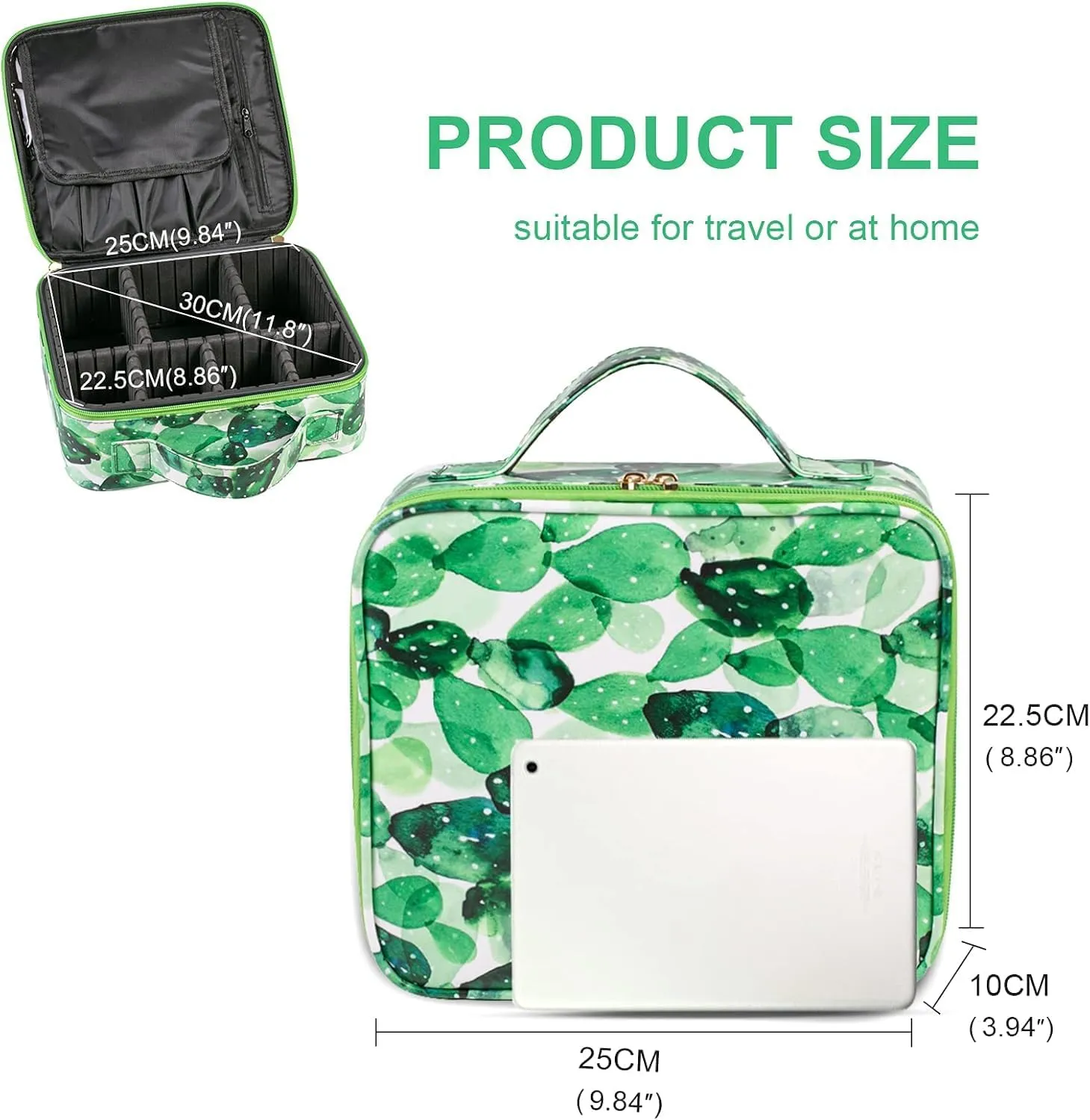 Travel Makeup Train Case Cactus Make Up Cosmetic Organizer Bag Makeup Tool Storage with Adjustable Compartments for Women Makeup Brush Toiletry Jewelry Digital Accessories