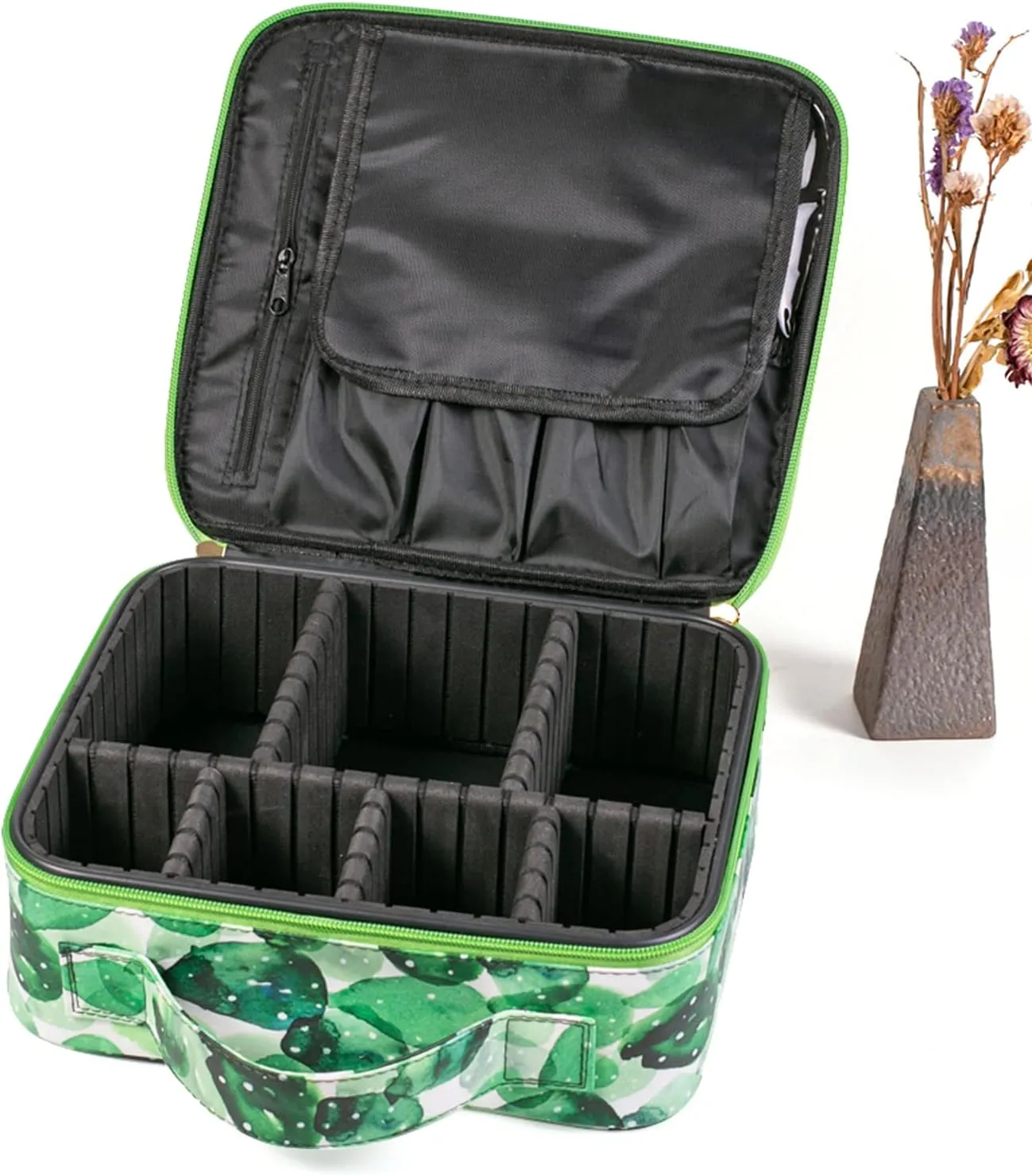 Travel Makeup Train Case Cactus Make Up Cosmetic Organizer Bag Makeup Tool Storage with Adjustable Compartments for Women Makeup Brush Toiletry Jewelry Digital Accessories