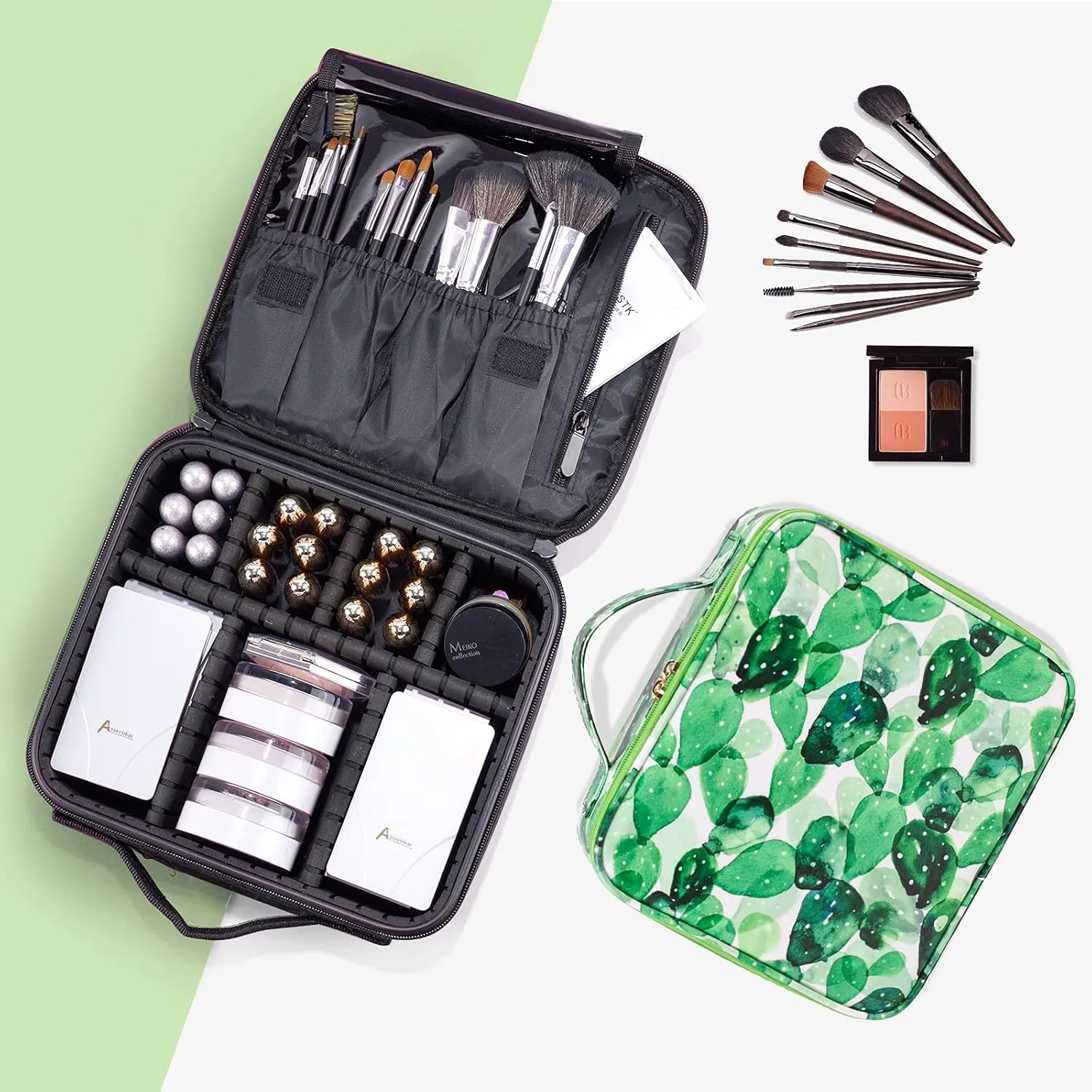 Travel Makeup Train Case Cactus Make Up Cosmetic Organizer Bag Makeup Tool Storage with Adjustable Compartments for Women Makeup Brush Toiletry Jewelry Digital Accessories