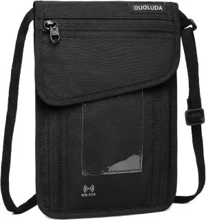 Travel Neck Pouch RFID Blocking Passport Holder Wallet, Black, Unisex-Adults, Travelers, General Audience