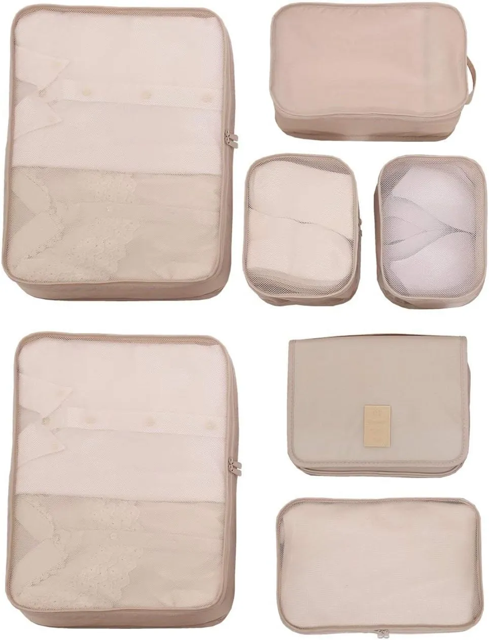 Travel Packing Cubes 7 Set, JJ POWER Luggage Organizers with toiletry kit shoe bag (Beige)