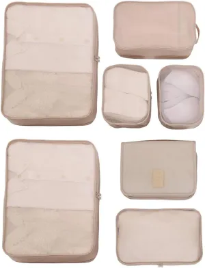 Travel Packing Cubes 7 Set, JJ POWER Luggage Organizers with toiletry kit shoe bag (Beige)