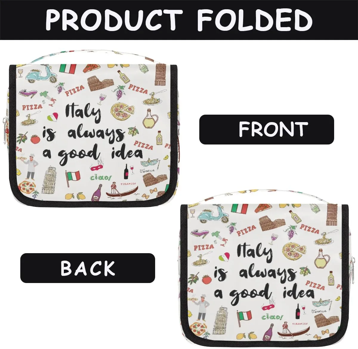 Travel Toiletry Bag for Women Men with Hanging Hook Cute Beige Italy Themed Fruit Italian Pattern Makeup Cosmetic Bag Organizer Travel Bag for Toiletries Essentials Accessories, Large Size