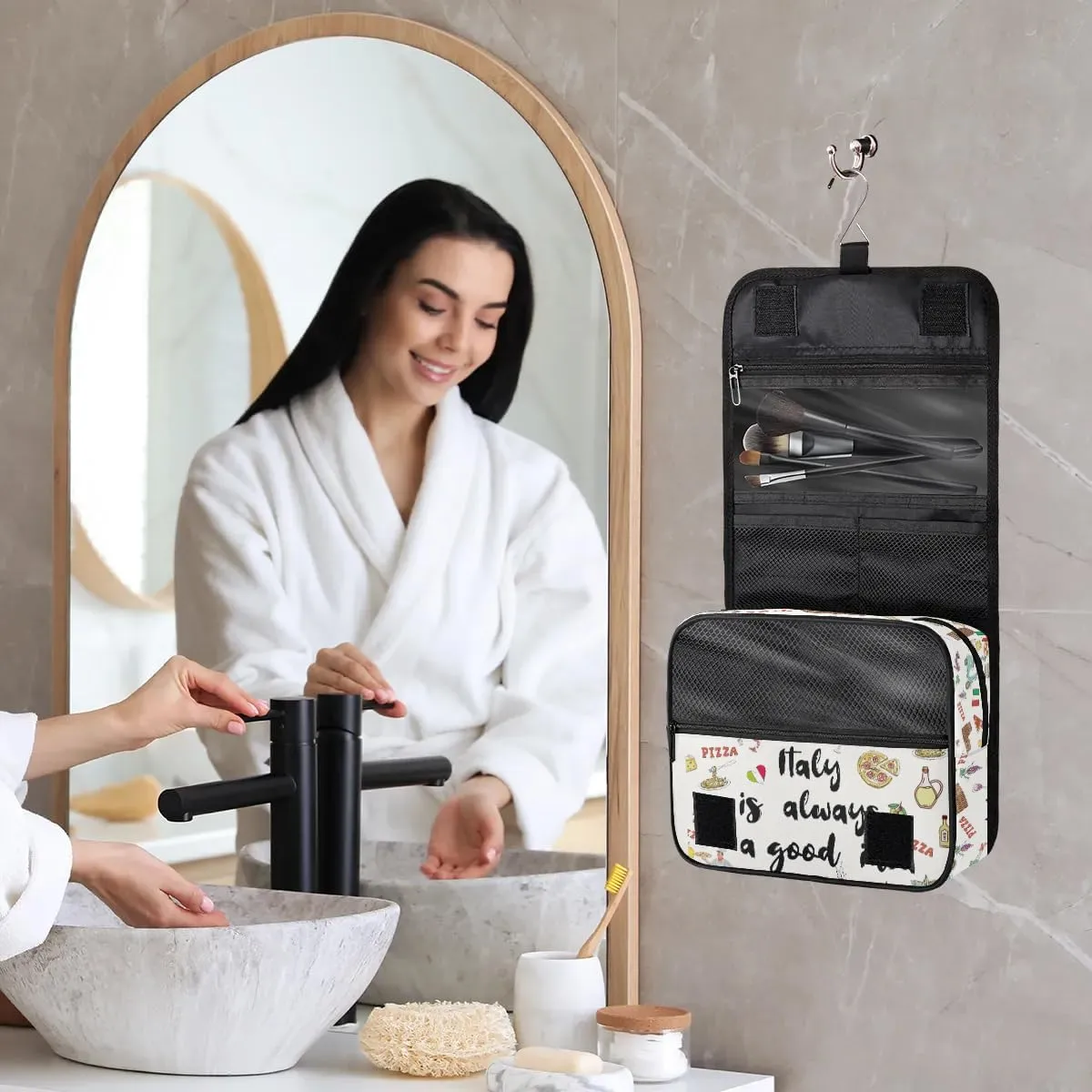 Travel Toiletry Bag for Women Men with Hanging Hook Cute Beige Italy Themed Fruit Italian Pattern Makeup Cosmetic Bag Organizer Travel Bag for Toiletries Essentials Accessories, Large Size