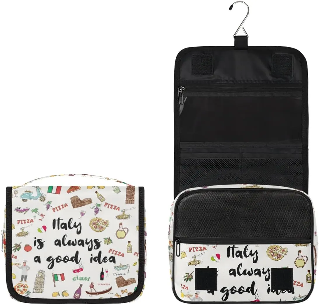 Travel Toiletry Bag for Women Men with Hanging Hook Cute Beige Italy Themed Fruit Italian Pattern Makeup Cosmetic Bag Organizer Travel Bag for Toiletries Essentials Accessories, Large Size
