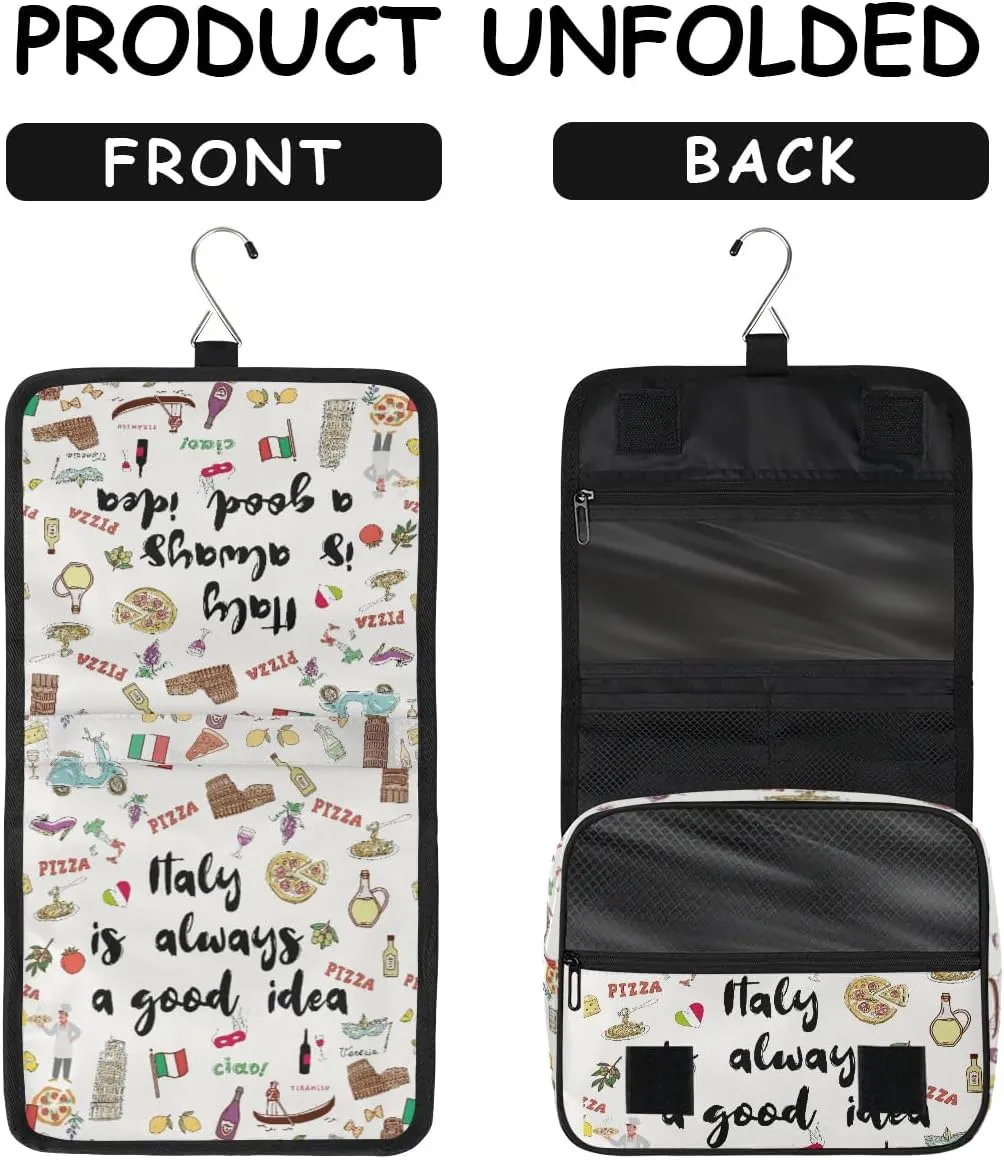 Travel Toiletry Bag for Women Men with Hanging Hook Cute Beige Italy Themed Fruit Italian Pattern Makeup Cosmetic Bag Organizer Travel Bag for Toiletries Essentials Accessories, Large Size