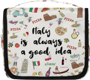 Travel Toiletry Bag for Women Men with Hanging Hook Cute Beige Italy Themed Fruit Italian Pattern Makeup Cosmetic Bag Organizer Travel Bag for Toiletries Essentials Accessories, Large Size
