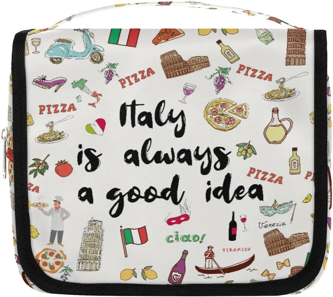 Travel Toiletry Bag for Women Men with Hanging Hook Cute Beige Italy Themed Fruit Italian Pattern Makeup Cosmetic Bag Organizer Travel Bag for Toiletries Essentials Accessories, Large Size