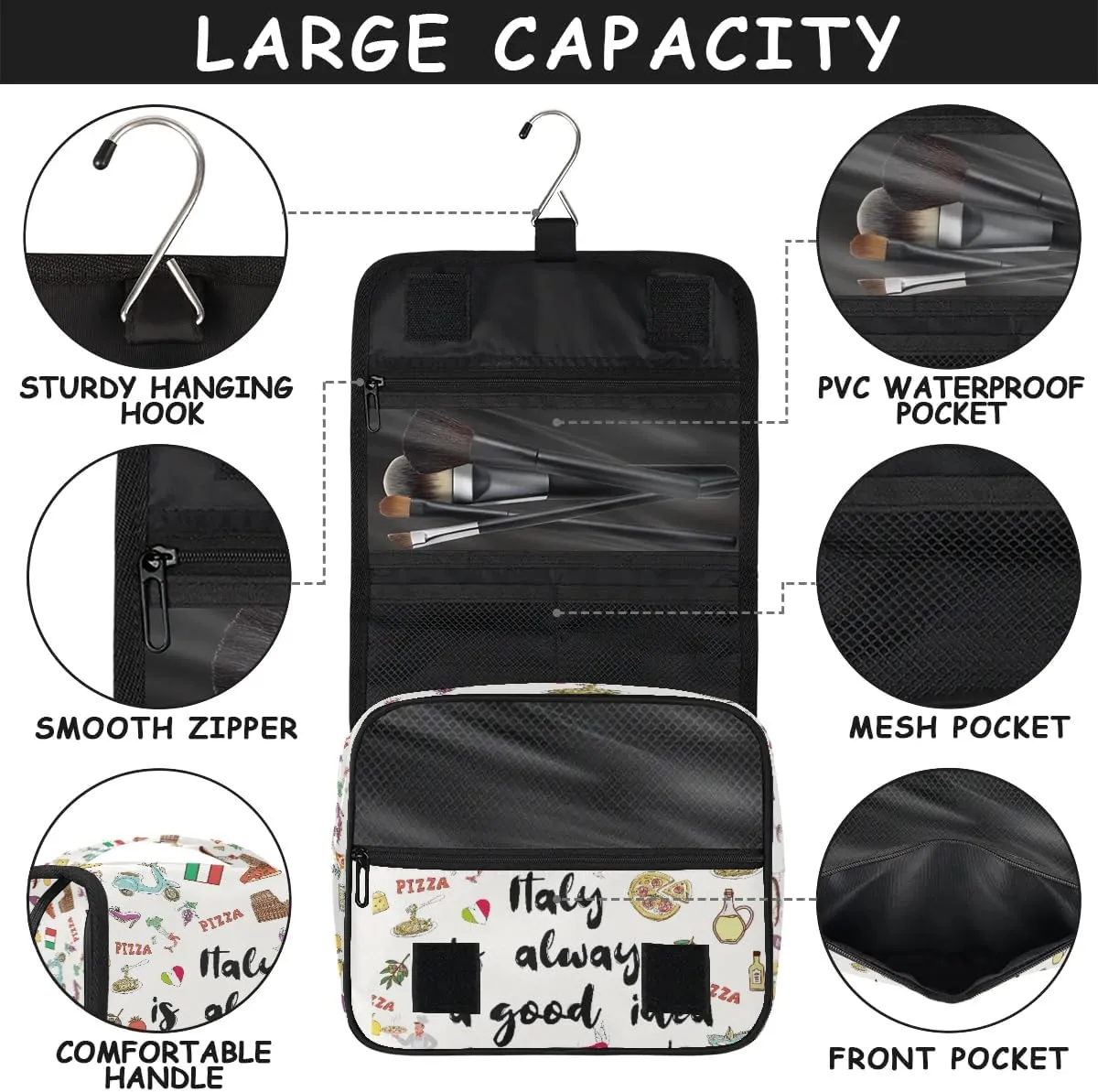 Travel Toiletry Bag for Women Men with Hanging Hook Cute Beige Italy Themed Fruit Italian Pattern Makeup Cosmetic Bag Organizer Travel Bag for Toiletries Essentials Accessories, Large Size