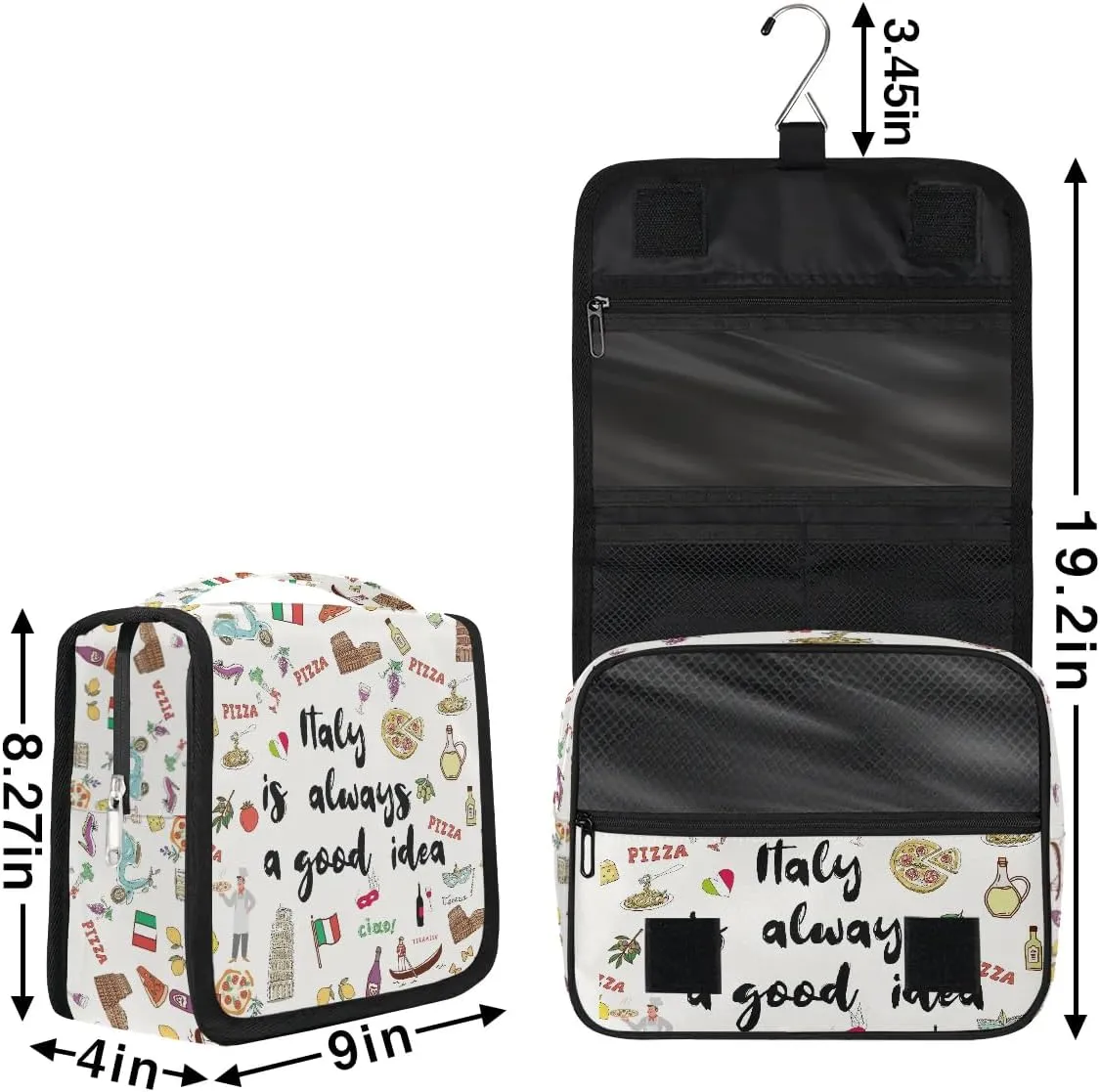 Travel Toiletry Bag for Women Men with Hanging Hook Cute Beige Italy Themed Fruit Italian Pattern Makeup Cosmetic Bag Organizer Travel Bag for Toiletries Essentials Accessories, Large Size