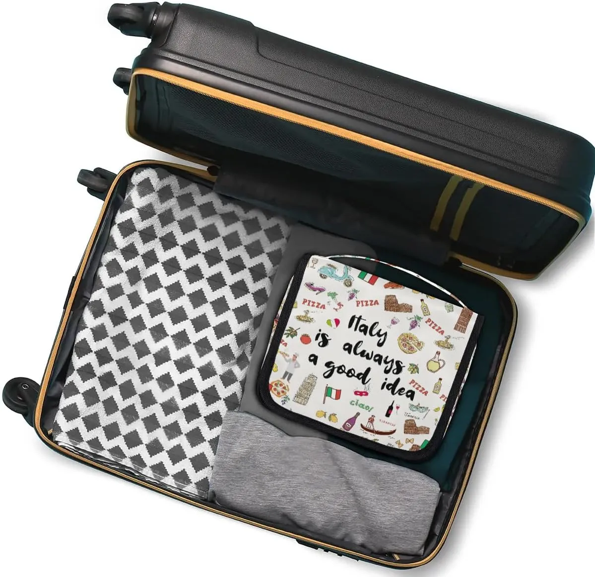 Travel Toiletry Bag for Women Men with Hanging Hook Cute Beige Italy Themed Fruit Italian Pattern Makeup Cosmetic Bag Organizer Travel Bag for Toiletries Essentials Accessories, Large Size