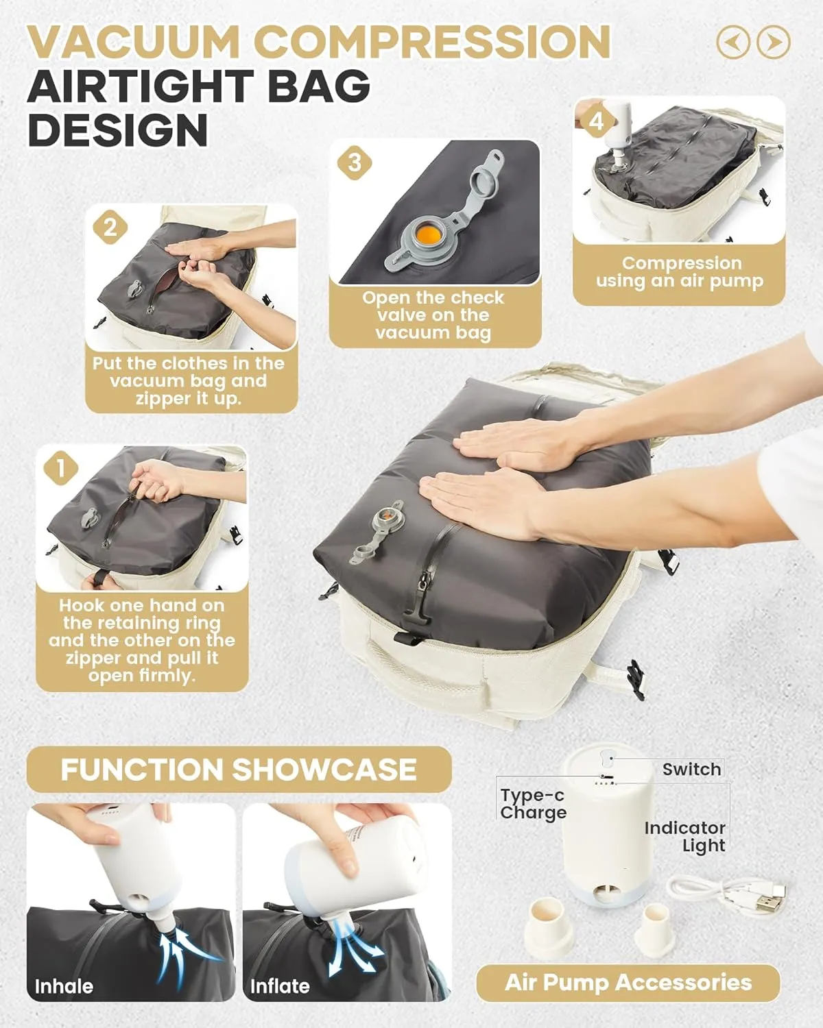 Travel Vacuum Storage Backpack with Air Pump Vacuum Seal Compression Space Saver Bags Clothing Vacpack Airback 18x14x8 inches Travel Bag Carry on Personal item Laptop Work Backpacks Women Men Beige