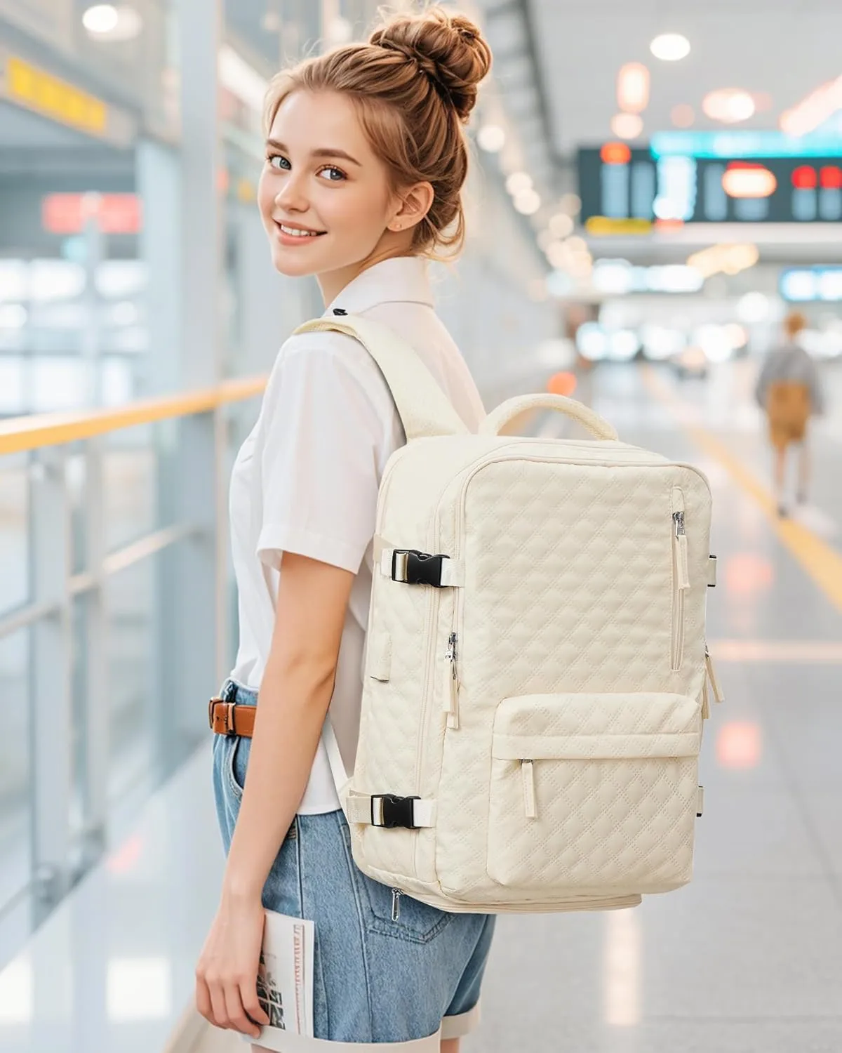 Travel Vacuum Storage Backpack with Air Pump Vacuum Seal Compression Space Saver Bags Clothing Vacpack Airback 18x14x8 inches Travel Bag Carry on Personal item Laptop Work Backpacks Women Men Beige