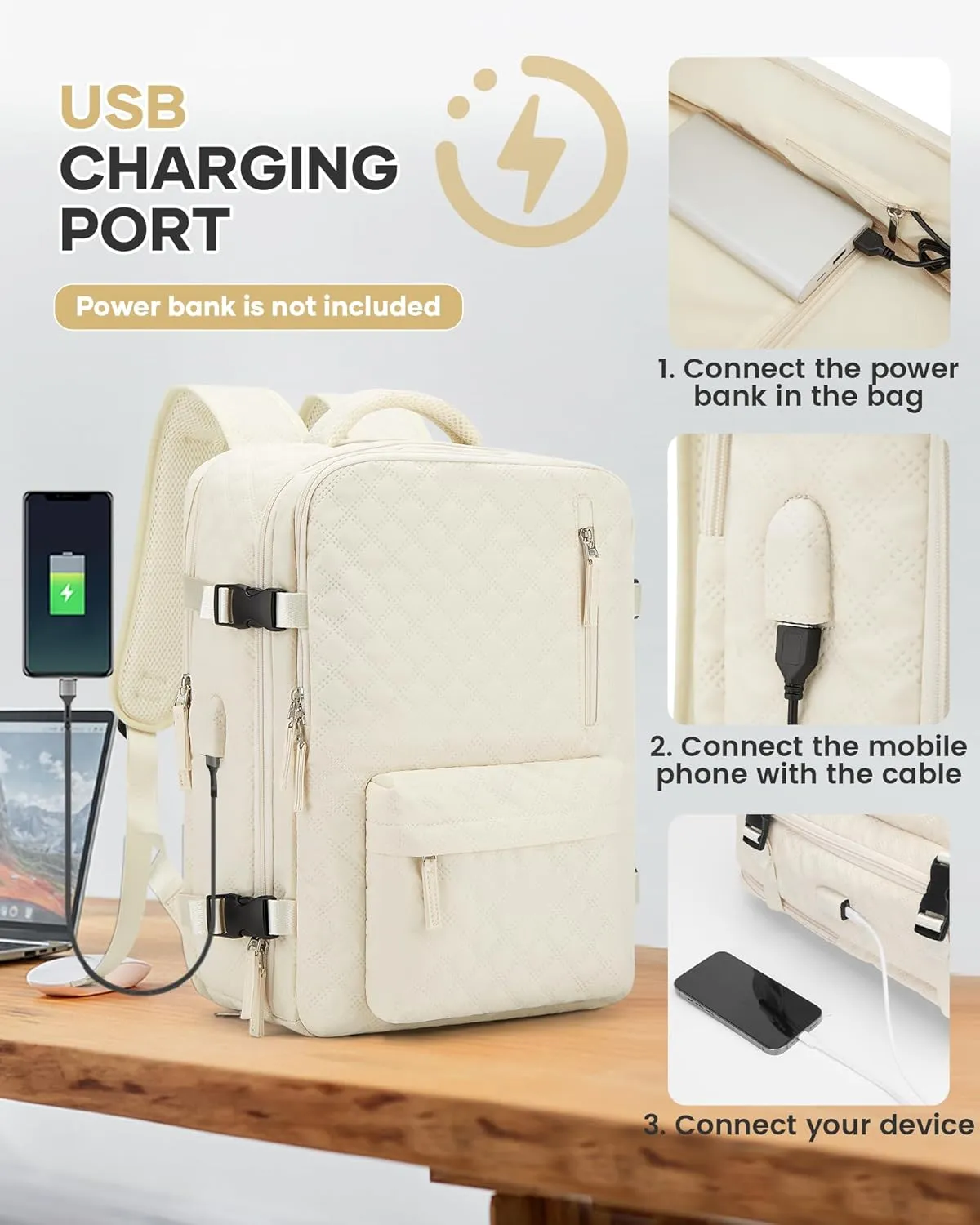Travel Vacuum Storage Backpack with Air Pump Vacuum Seal Compression Space Saver Bags Clothing Vacpack Airback 18x14x8 inches Travel Bag Carry on Personal item Laptop Work Backpacks Women Men Beige