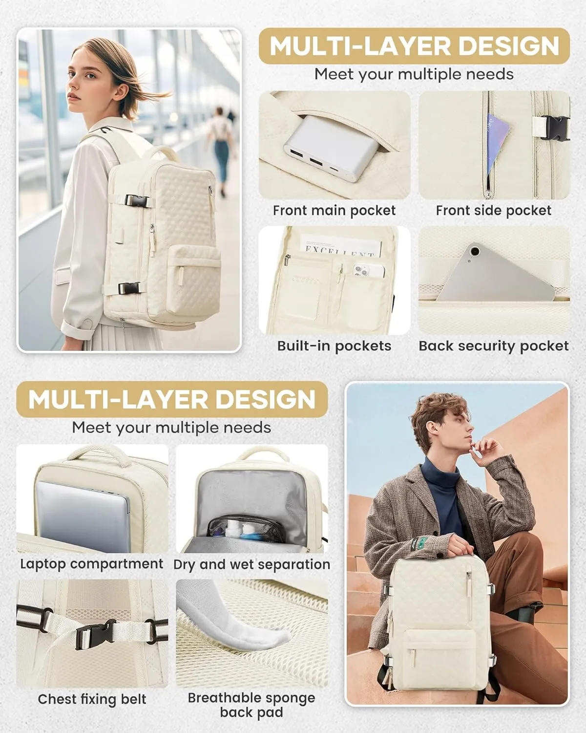 Travel Vacuum Storage Backpack with Air Pump Vacuum Seal Compression Space Saver Bags Clothing Vacpack Airback 18x14x8 inches Travel Bag Carry on Personal item Laptop Work Backpacks Women Men Beige