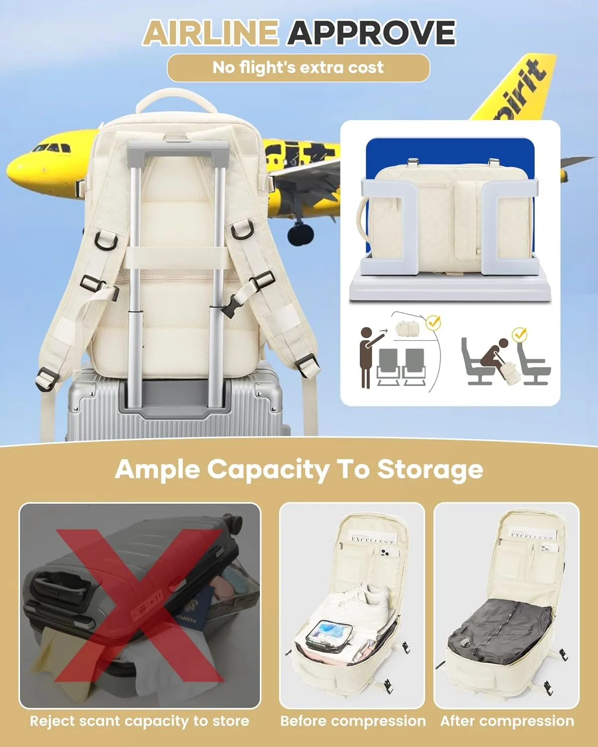 Travel Vacuum Storage Backpack with Air Pump Vacuum Seal Compression Space Saver Bags Clothing Vacpack Airback 18x14x8 inches Travel Bag Carry on Personal item Laptop Work Backpacks Women Men Beige