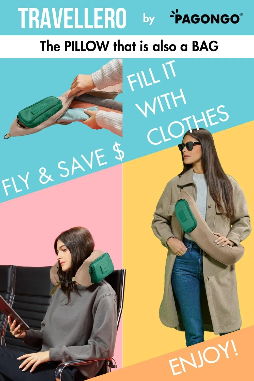 TRAVELLERO Stuffable Neck Pillow for Travel, Secret Pillow, Fits 5 Days Essentials Neck Pillow Case, Pillow Travel Bag, Packable Pillow, Stuffable Travel Pillow, Neck Pillow Cover Beige & Green