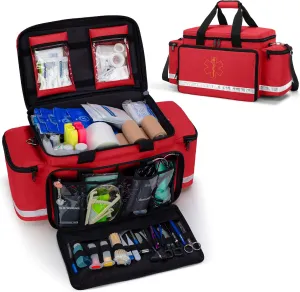 Trunab Emergency Responder Trauma Bag Empty, Professional First Aid Kits Storage Medical Bag with Inner Dividers and No-Scratch Bottom, Ideal for EMT, EMS, Paramedics, Red, Bag ONLY
