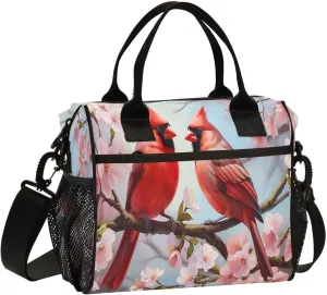 Two Birds Cherry Blossom Branch Insulated Lunch Bag Reusable Lunch Box for Men Women Leakproof Cooler Tote Bag with Adjustable Shoulder Strap Food Handbag for Office Travel Work Picnic