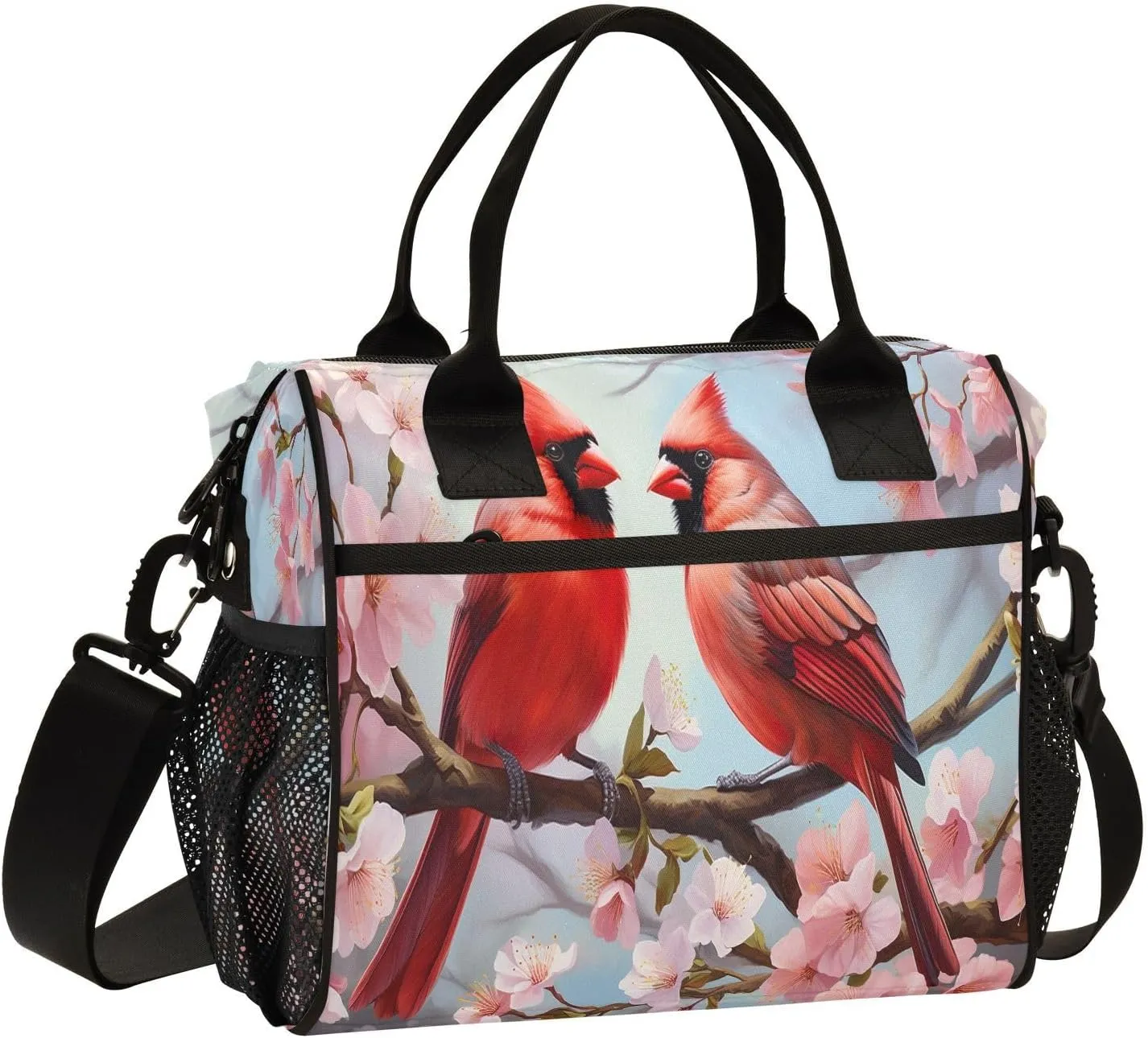 Two Birds Cherry Blossom Branch Insulated Lunch Bag Reusable Lunch Box for Men Women Leakproof Cooler Tote Bag with Adjustable Shoulder Strap Food Handbag for Office Travel Work Picnic