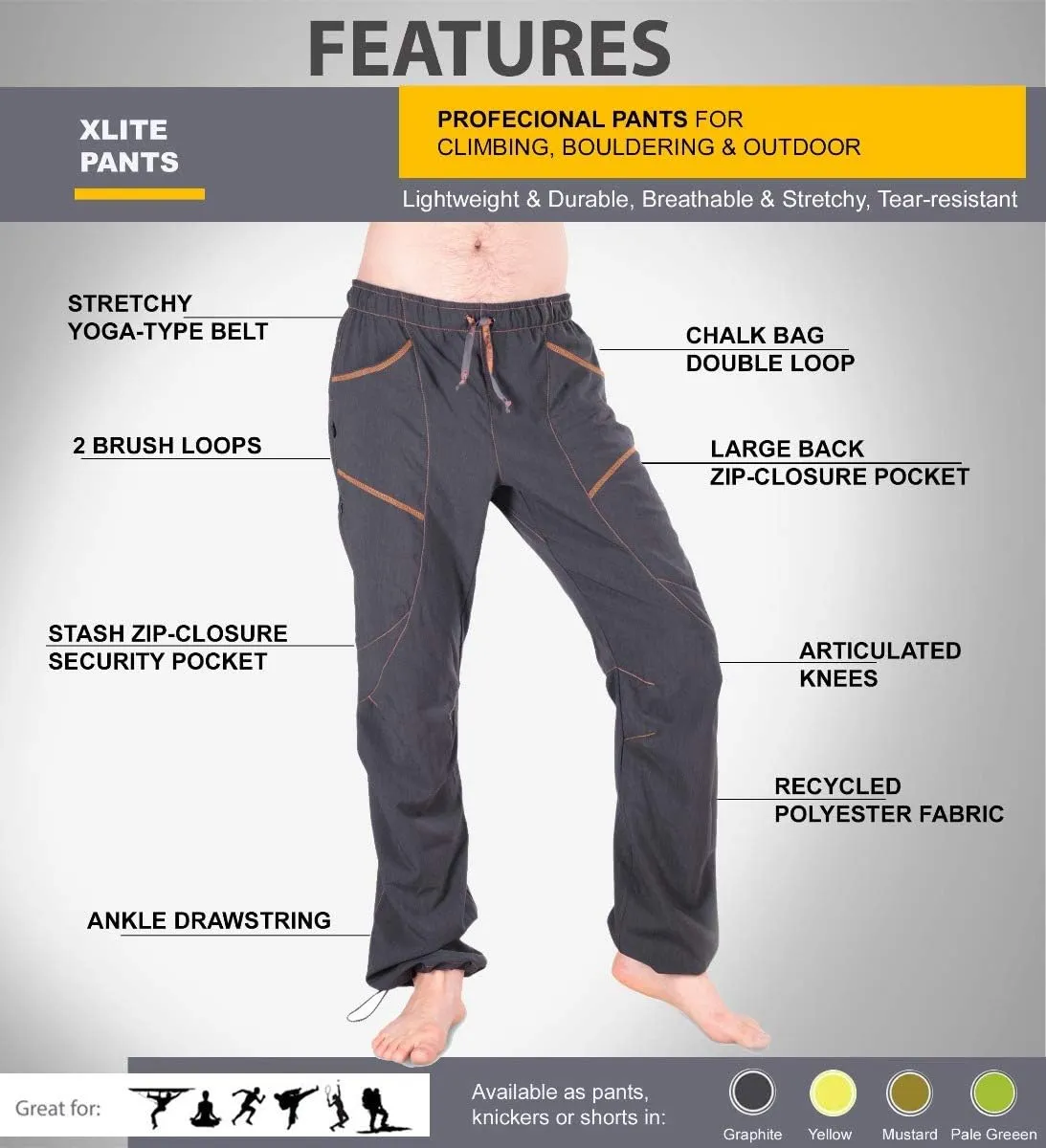 Ucraft "Xlite Rock Climbing Bouldering and Yoga Pants. Lightweight Stretchy Trousers