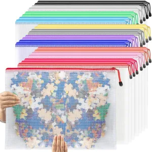 Umriox 24 Pack 12 Colors Zipper Pouches for Organizing, A3 Size (16.9 x 12.4), Big mesh Bags,Zipper Bags for Puzzles & Board Game Storage, Office Supplies Travel Toiletries