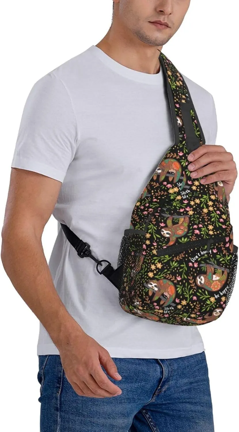 Unisex Crossbody Sling Backpack Travel Hiking Daypack Crossbody Bag for Women Men Sloth Black