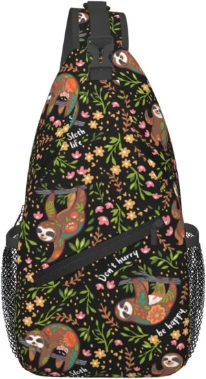Unisex Crossbody Sling Backpack Travel Hiking Daypack Crossbody Bag for Women Men Sloth Black