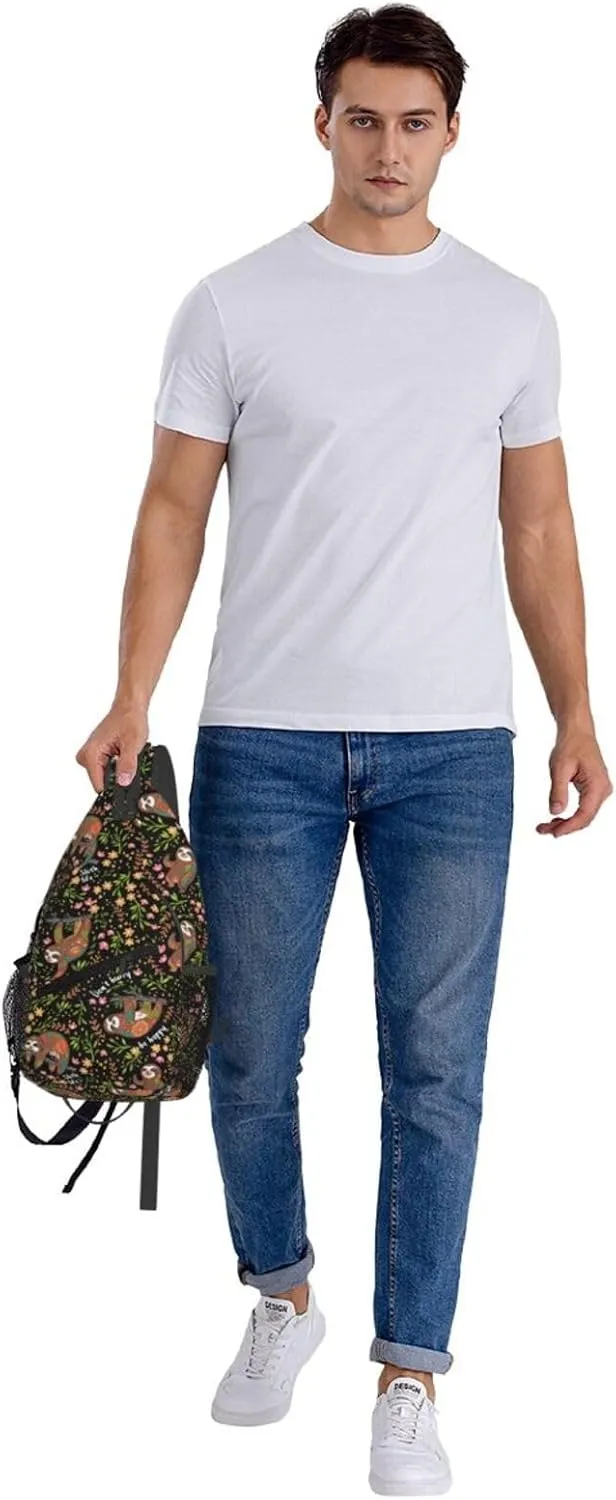 Unisex Crossbody Sling Backpack Travel Hiking Daypack Crossbody Bag for Women Men Sloth Black