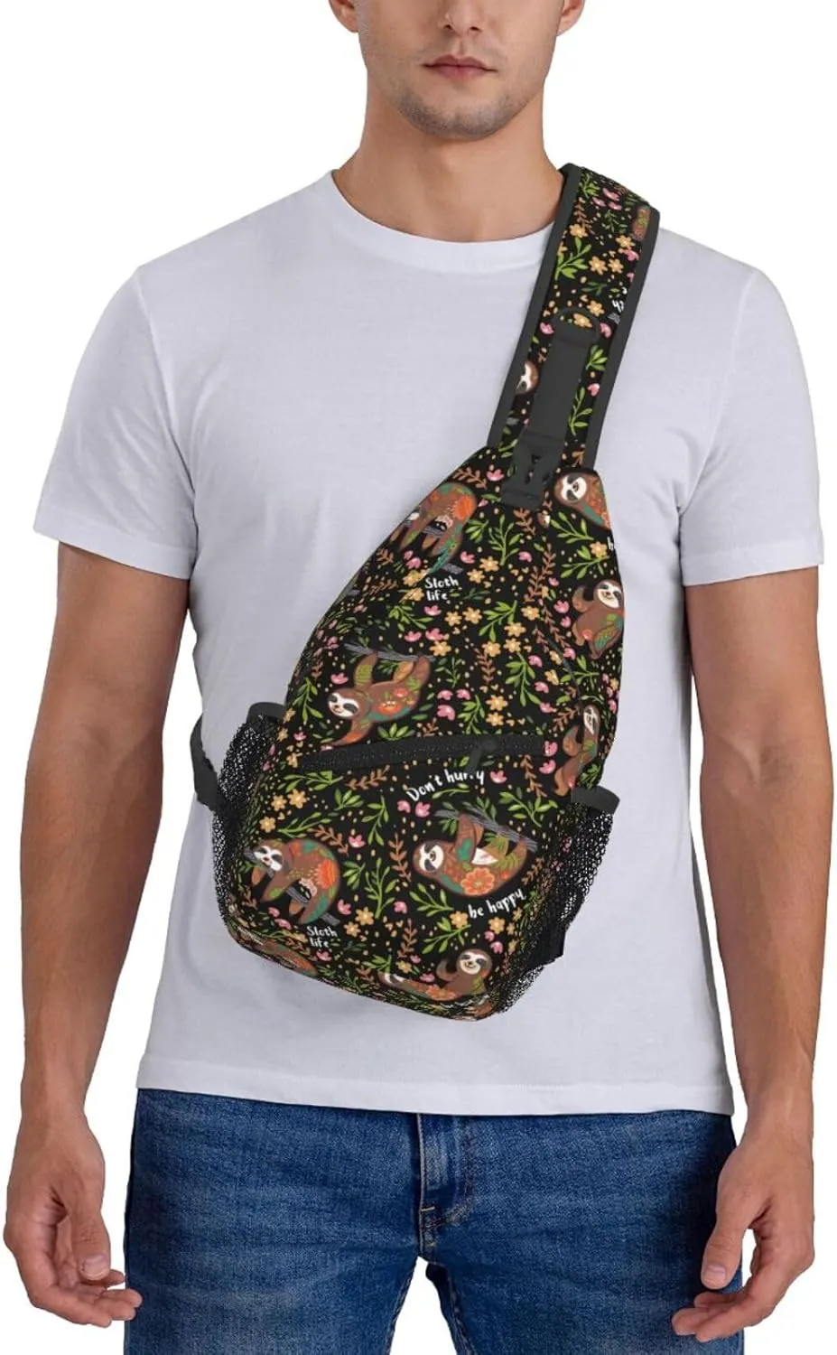 Unisex Crossbody Sling Backpack Travel Hiking Daypack Crossbody Bag for Women Men Sloth Black