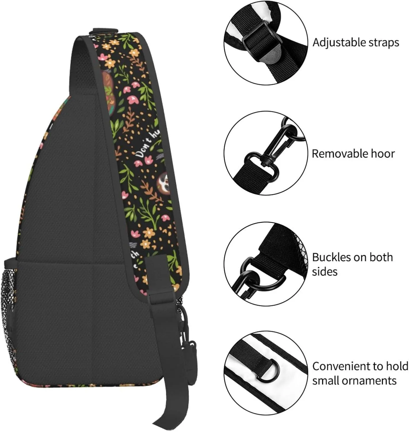 Unisex Crossbody Sling Backpack Travel Hiking Daypack Crossbody Bag for Women Men Sloth Black