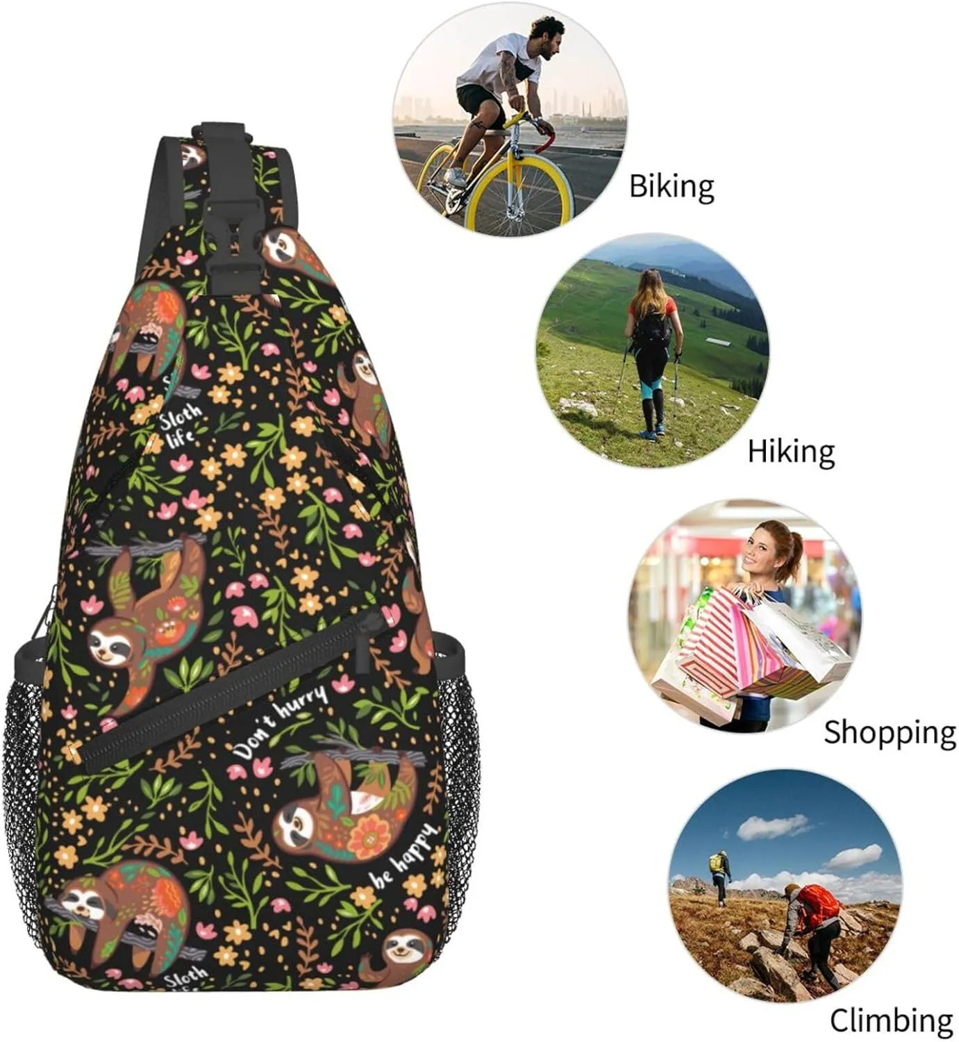 Unisex Crossbody Sling Backpack Travel Hiking Daypack Crossbody Bag for Women Men Sloth Black