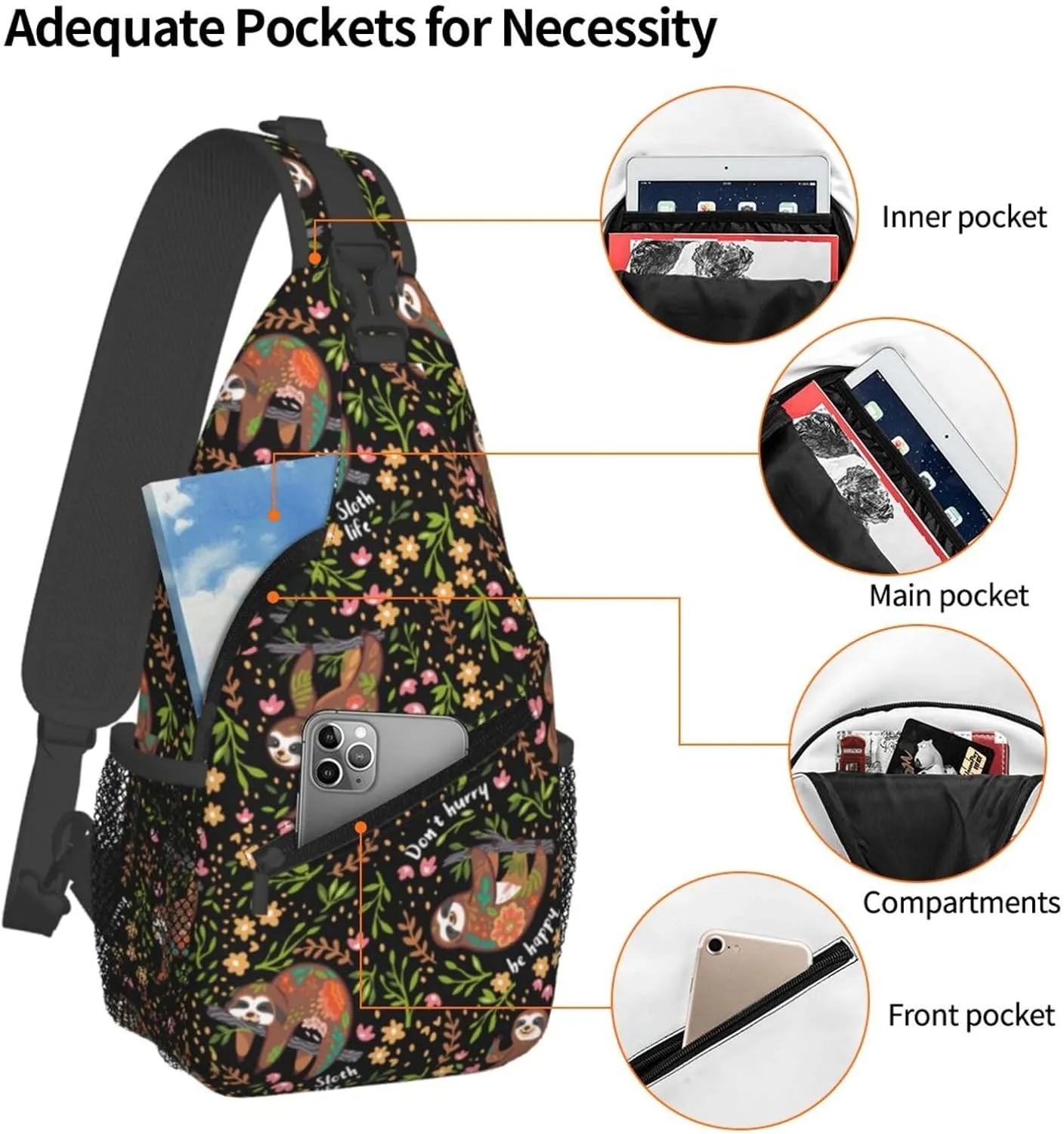 Unisex Crossbody Sling Backpack Travel Hiking Daypack Crossbody Bag for Women Men Sloth Black