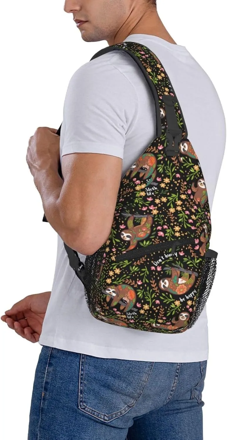 Unisex Crossbody Sling Backpack Travel Hiking Daypack Crossbody Bag for Women Men Sloth Black