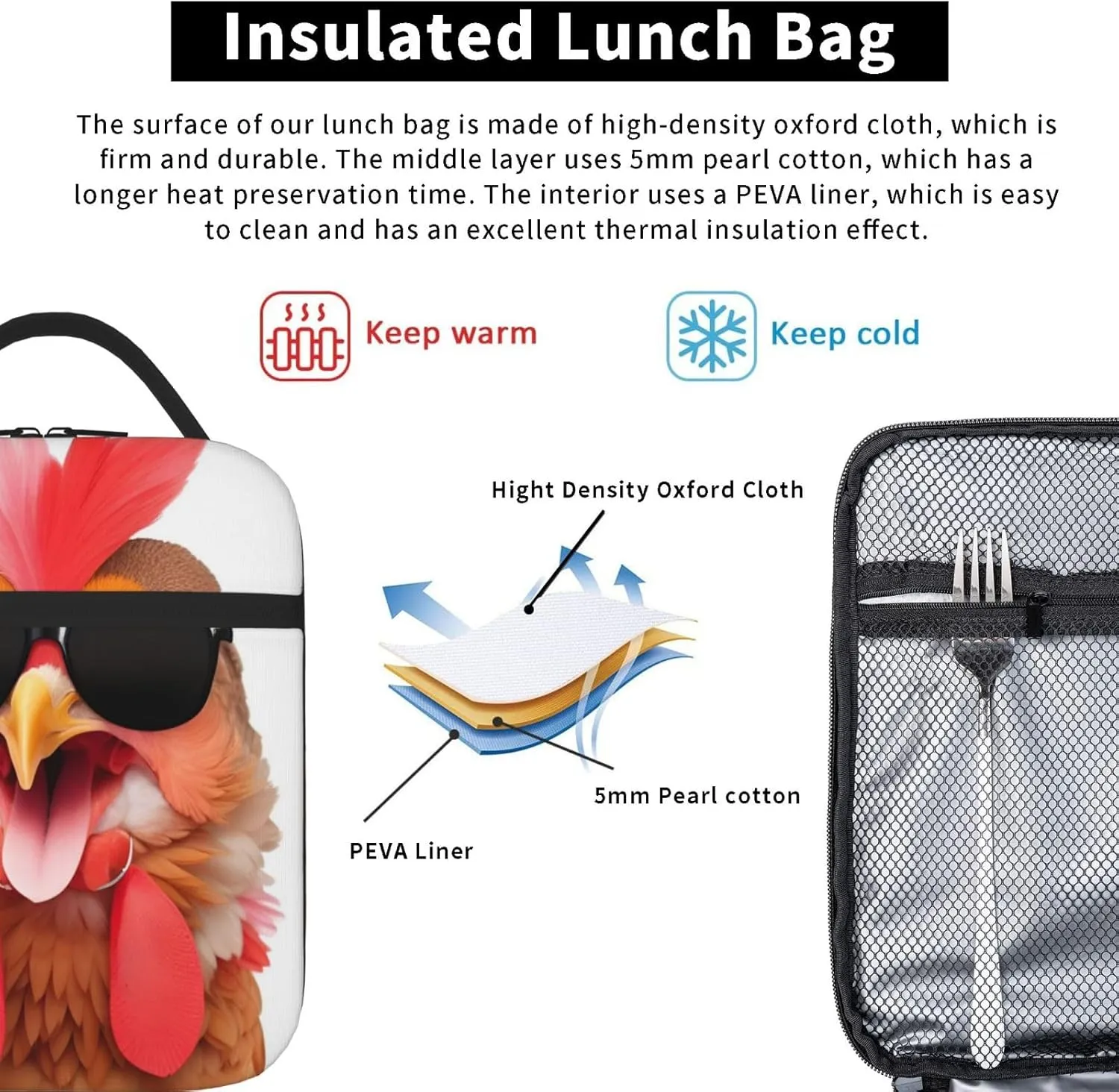 Unisex Travel Lunch Bags for Reusable Lunch Box Funny Lunch Cooler Bags for Work/Picnic/Office/Hiking/Outdoor/Camping/Fishing, for Chicken Sunglasses