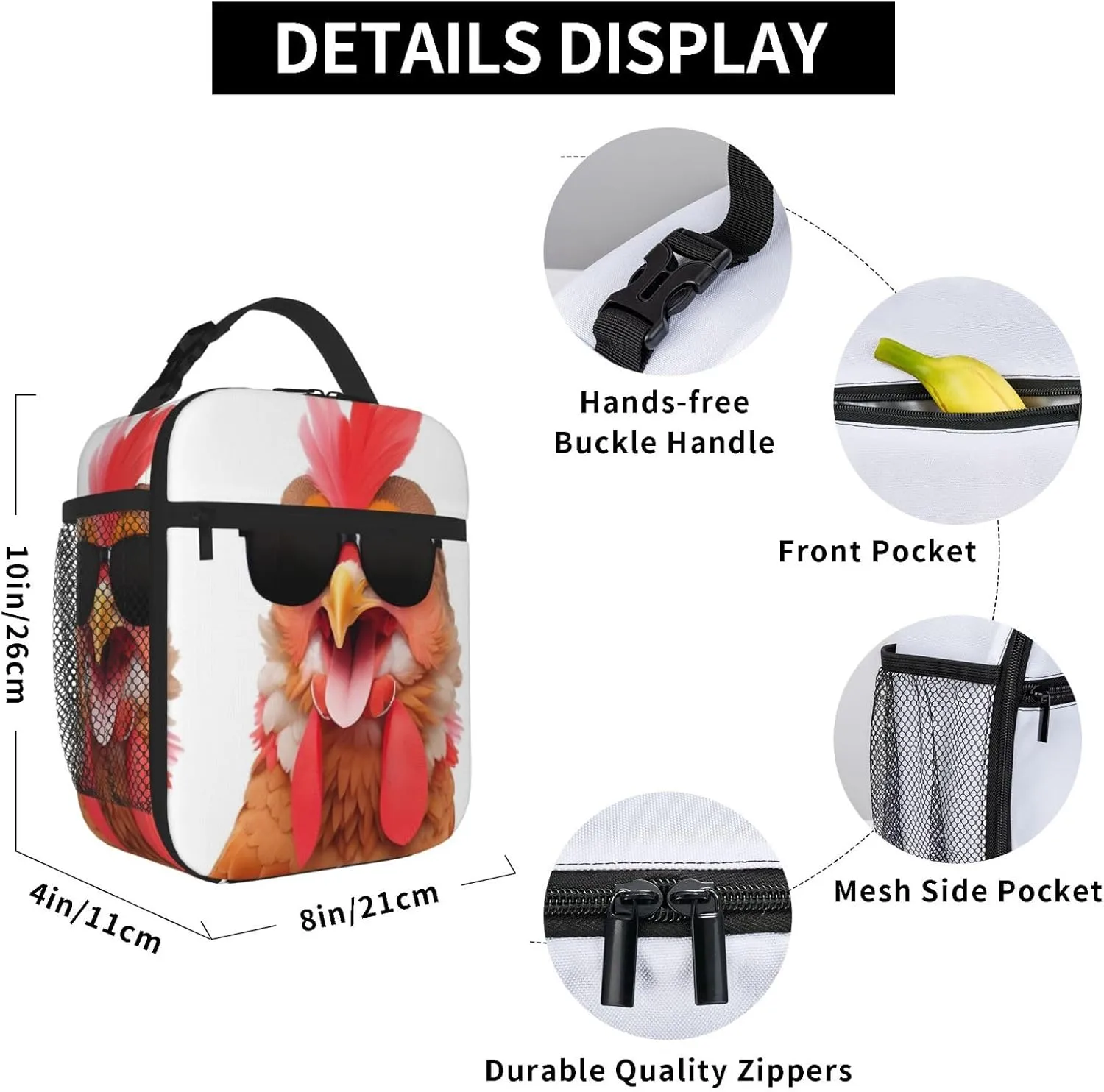 Unisex Travel Lunch Bags for Reusable Lunch Box Funny Lunch Cooler Bags for Work/Picnic/Office/Hiking/Outdoor/Camping/Fishing, for Chicken Sunglasses
