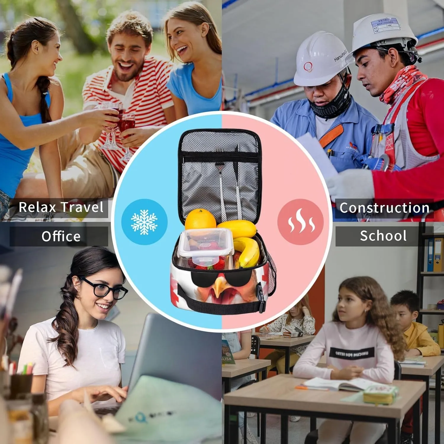 Unisex Travel Lunch Bags for Reusable Lunch Box Funny Lunch Cooler Bags for Work/Picnic/Office/Hiking/Outdoor/Camping/Fishing, for Chicken Sunglasses