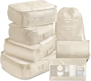 VAGREEZ Packing Cubes, 7 Pcs Travel Luggage Packing Organizers Set with Toiletry Bag (Beige)