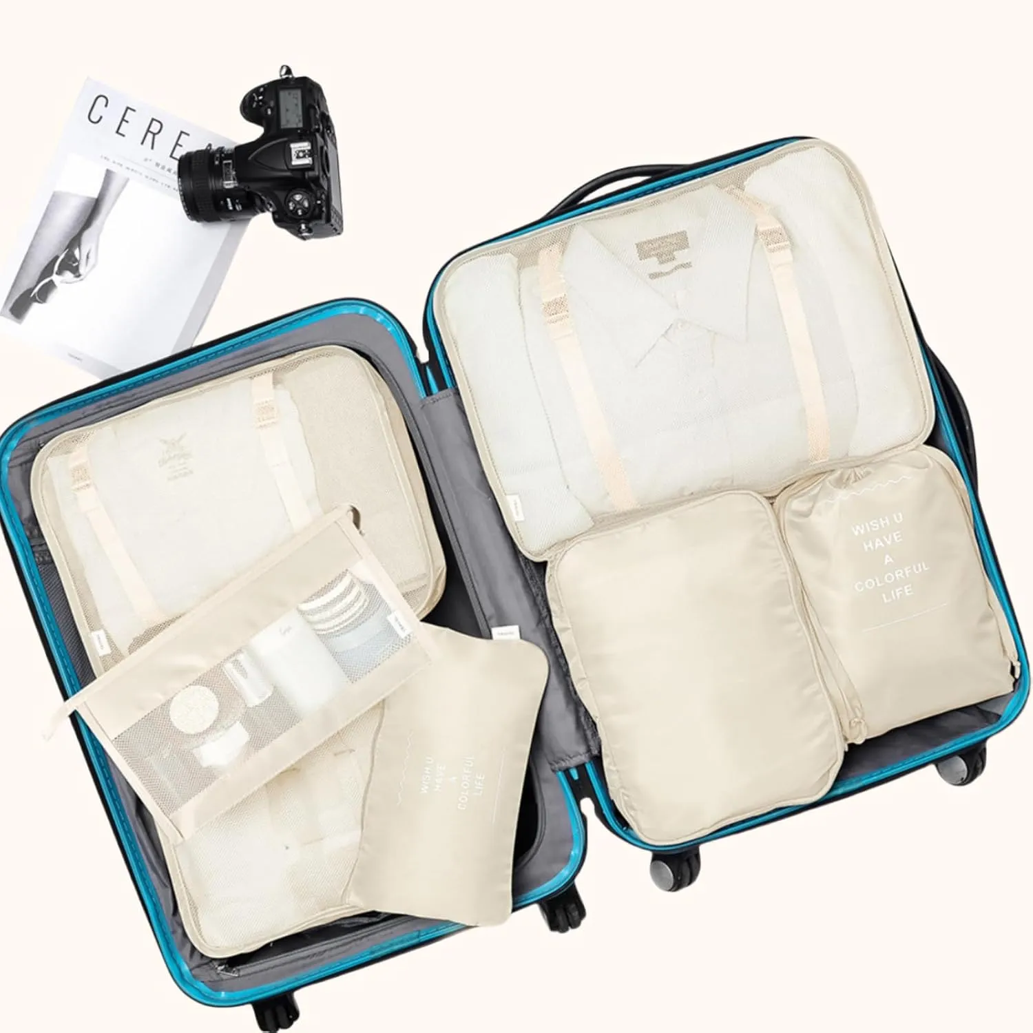 VAGREEZ Packing Cubes, 7 Pcs Travel Luggage Packing Organizers Set with Toiletry Bag (Beige)
