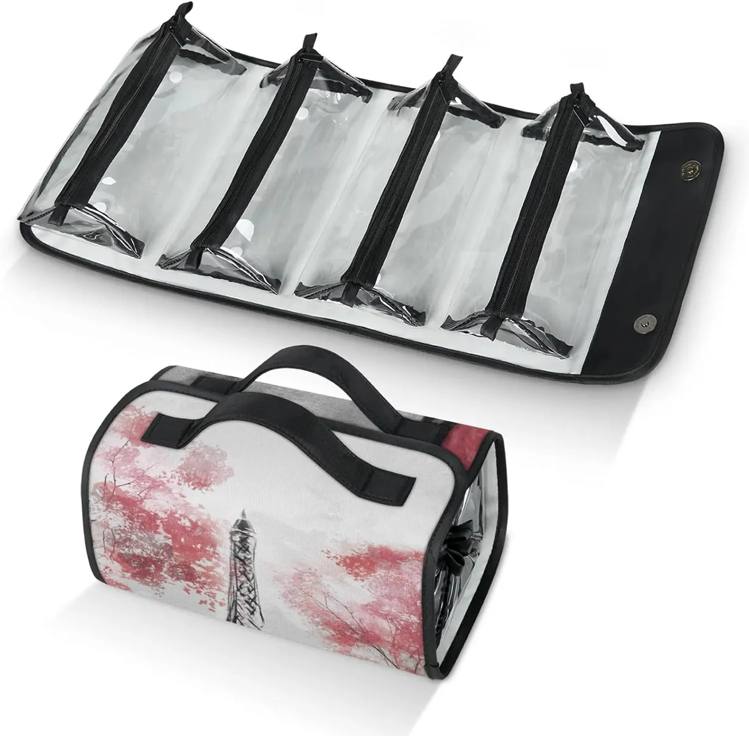 Valentine Eiffel Tower Travel Toiletry Bag for Women, 4 in 1 Roll Up Makeup Cosmetic Bag With 4 Removable PVC Zipper Pouch