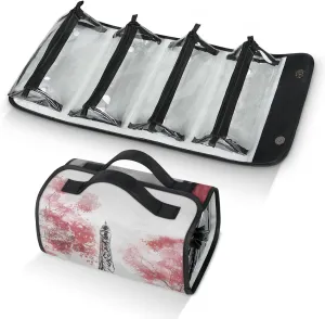 Valentine Eiffel Tower Travel Toiletry Bag for Women, 4 in 1 Roll Up Makeup Cosmetic Bag With 4 Removable PVC Zipper Pouch