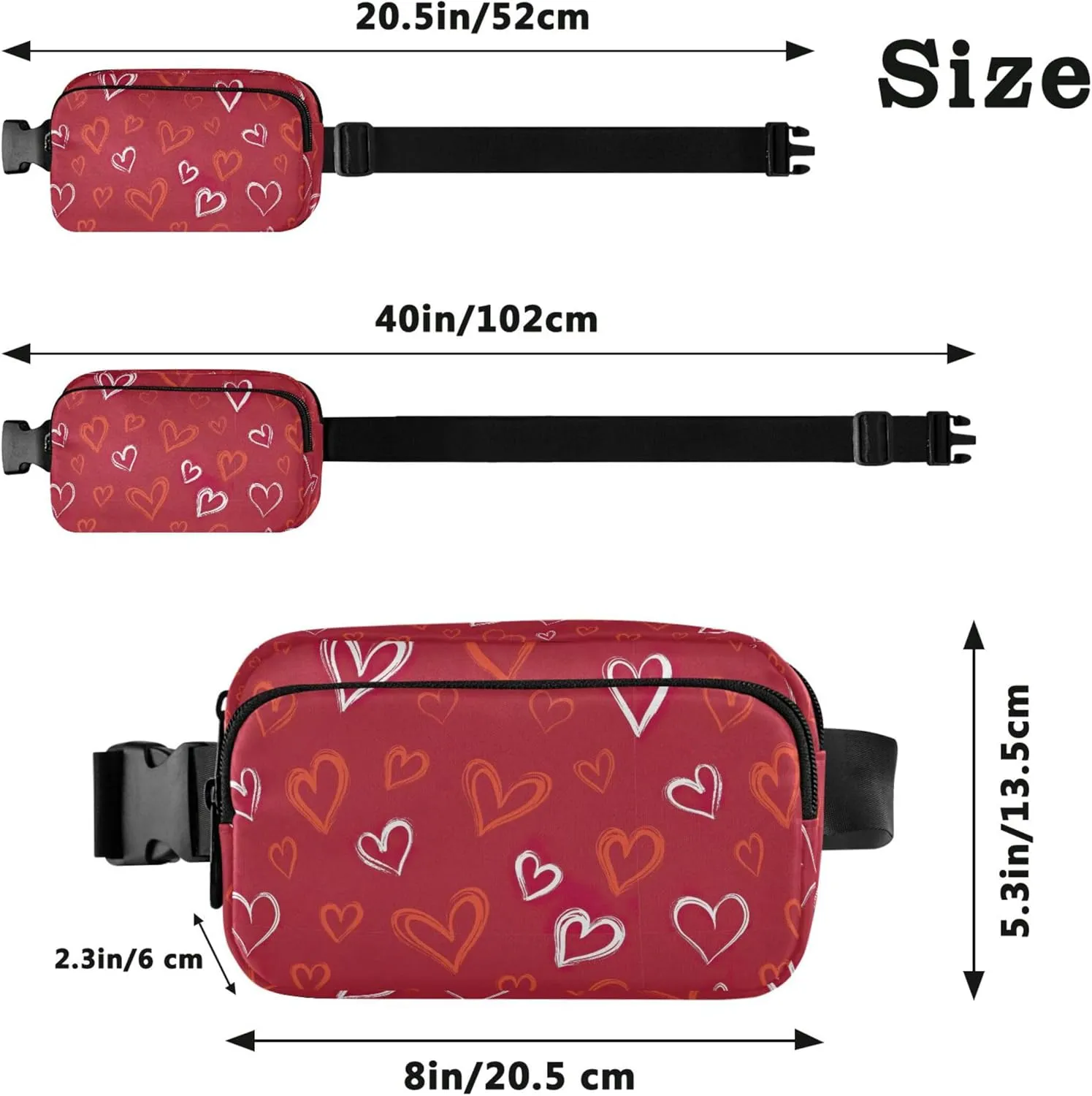 Valentine Hearts Red Women Fanny Packs Waterproof Hip Pack Belt Pouch Cute Crossbody Waist Bag