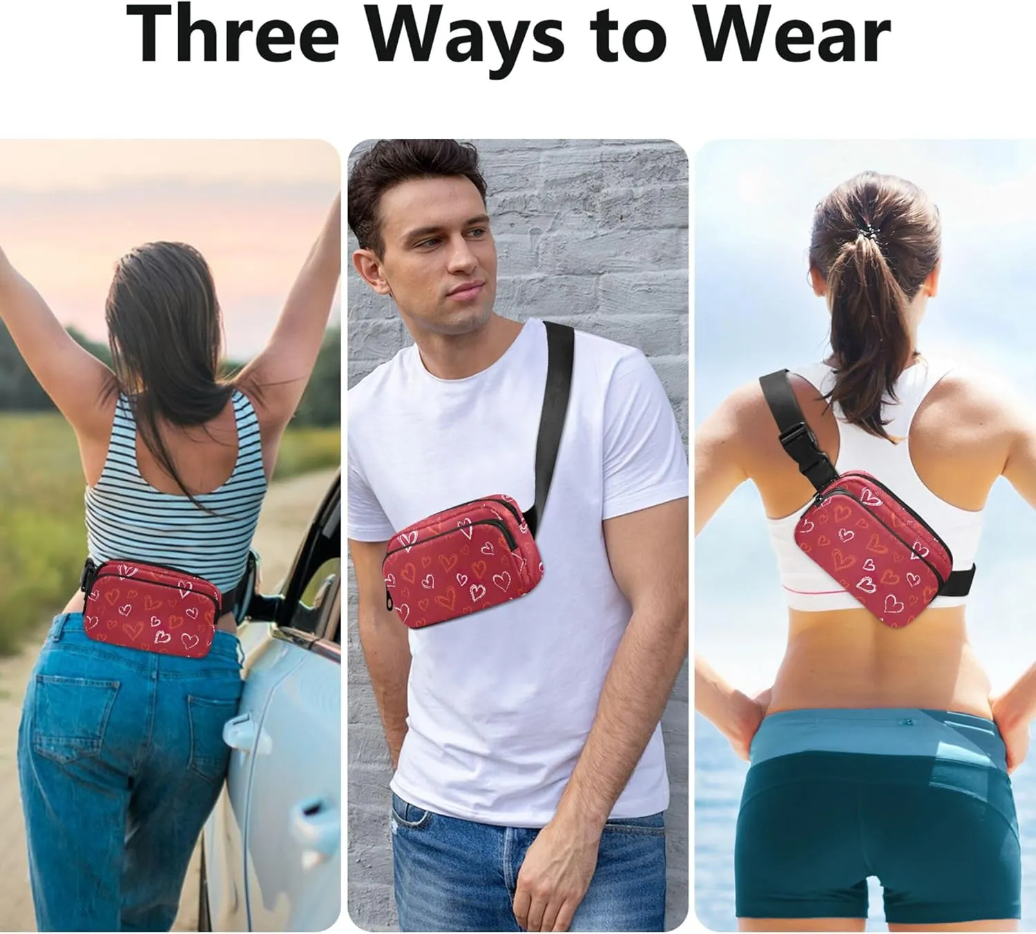 Valentine Hearts Red Women Fanny Packs Waterproof Hip Pack Belt Pouch Cute Crossbody Waist Bag