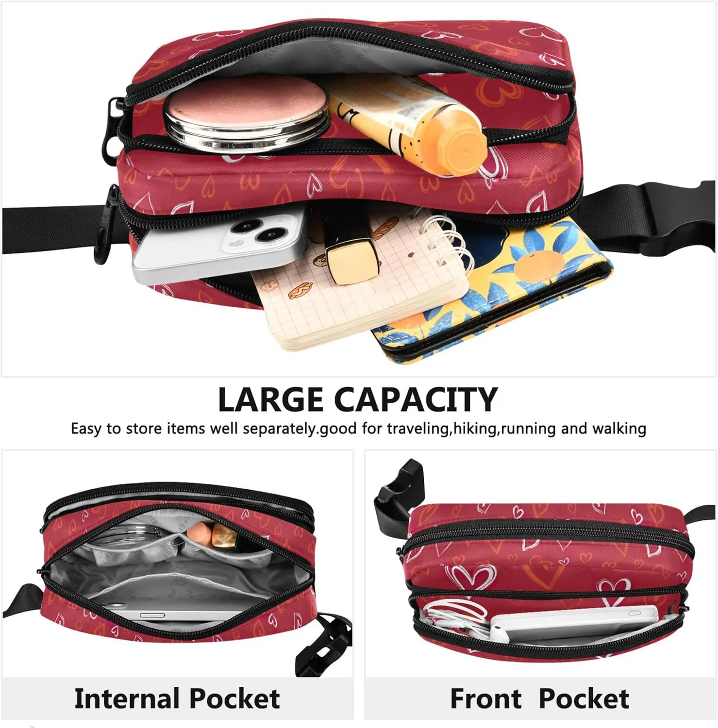 Valentine Hearts Red Women Fanny Packs Waterproof Hip Pack Belt Pouch Cute Crossbody Waist Bag