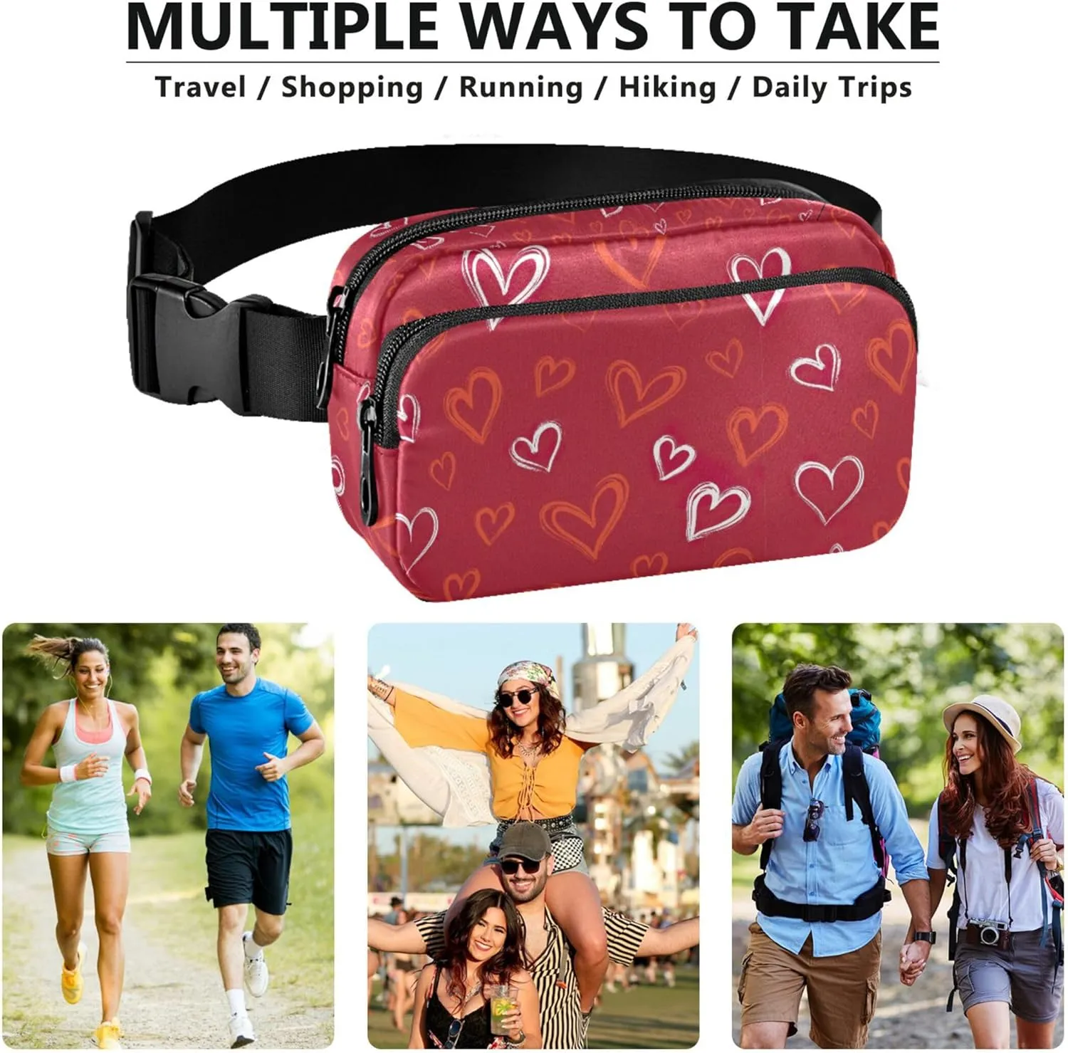 Valentine Hearts Red Women Fanny Packs Waterproof Hip Pack Belt Pouch Cute Crossbody Waist Bag