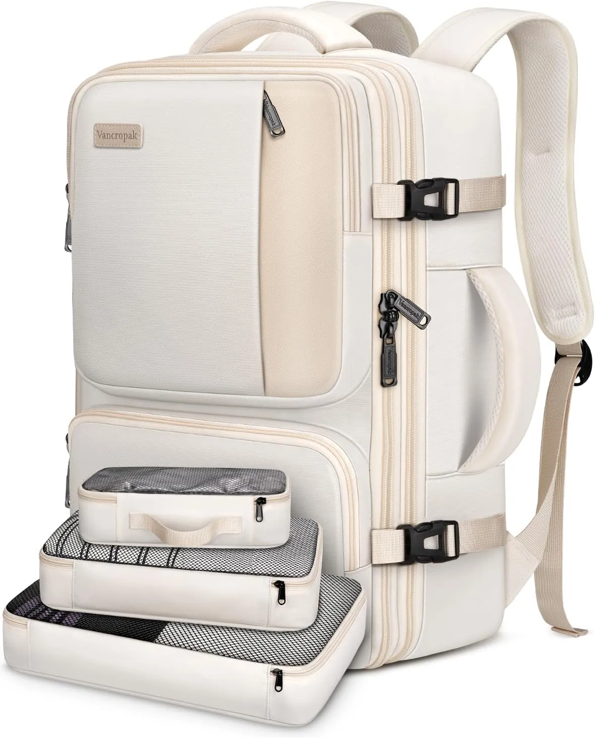Vancropak Carry on Backpack, 47L Expandable Extra Large Travel Backpack with 3 Packing Cubes, Flight Approved Water Resistant Luggage Suitcase Weekend Duffle Bag Overnight Daypack for Women Men, Beige