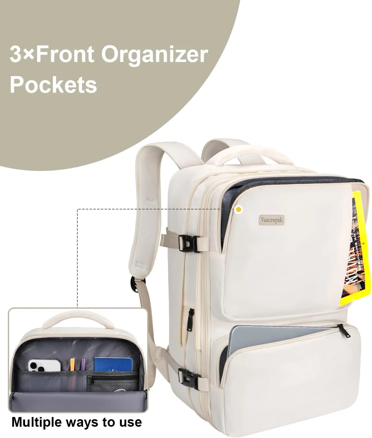 Vancropak Carry on Backpack, 47L Expandable Extra Large Travel Backpack with 3 Packing Cubes, Flight Approved Water Resistant Luggage Suitcase Weekend Duffle Bag Overnight Daypack for Women Men, Beige