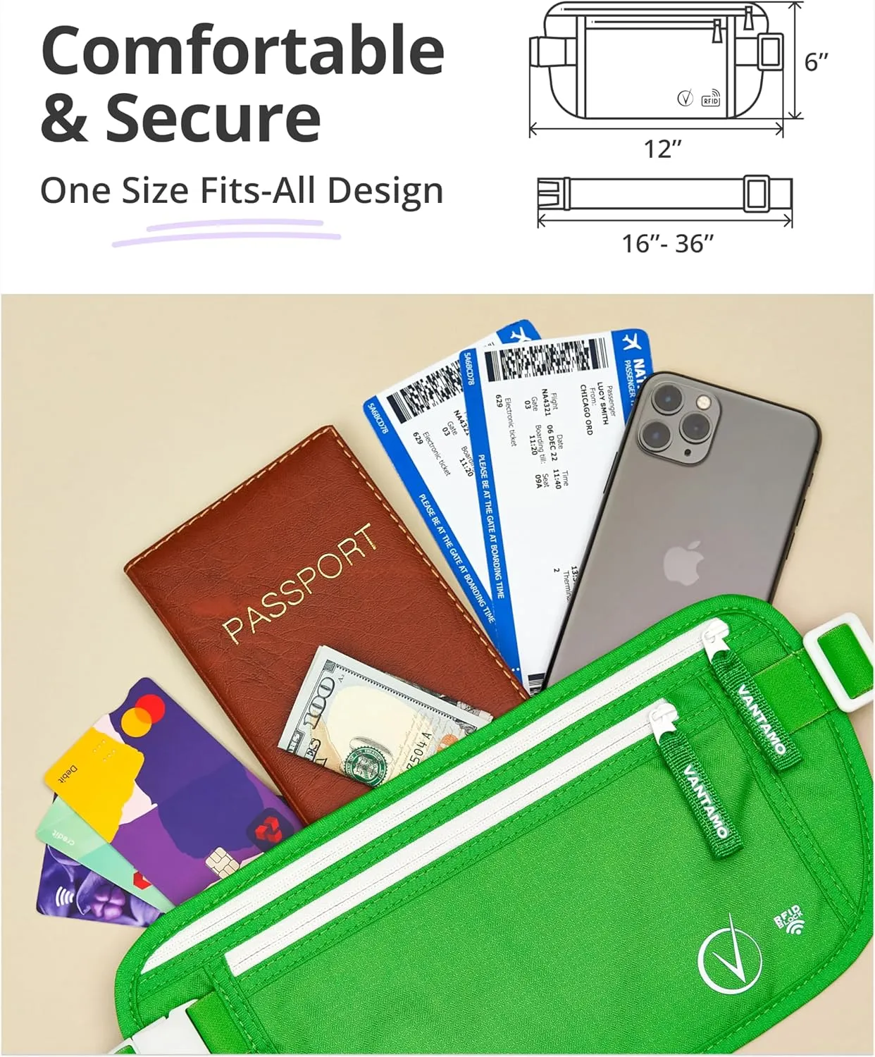 Vantamo Hidden Money Belt For Extra Safety, RFID Ultra-Thin Fanny Pack, 2 Compartment Money Bag Fits Passport & Phone