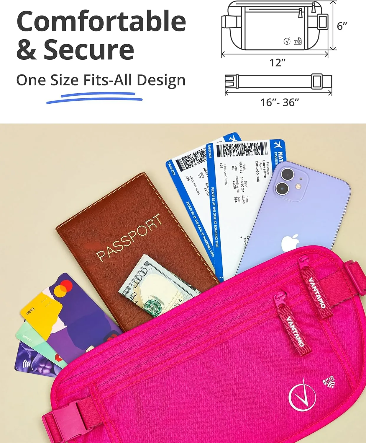 Vantamo Hidden Money Belt For Extra Safety, RFID Ultra-Thin Fanny Pack, 2 Compartment Money Bag Fits Passport & Phone